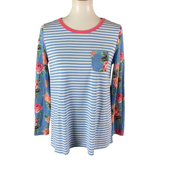 Matilda Jane Blue Stripe Floral Sleeve Pocket Tee Shirt Top Long Sleeve Small - Picture 1 of 4